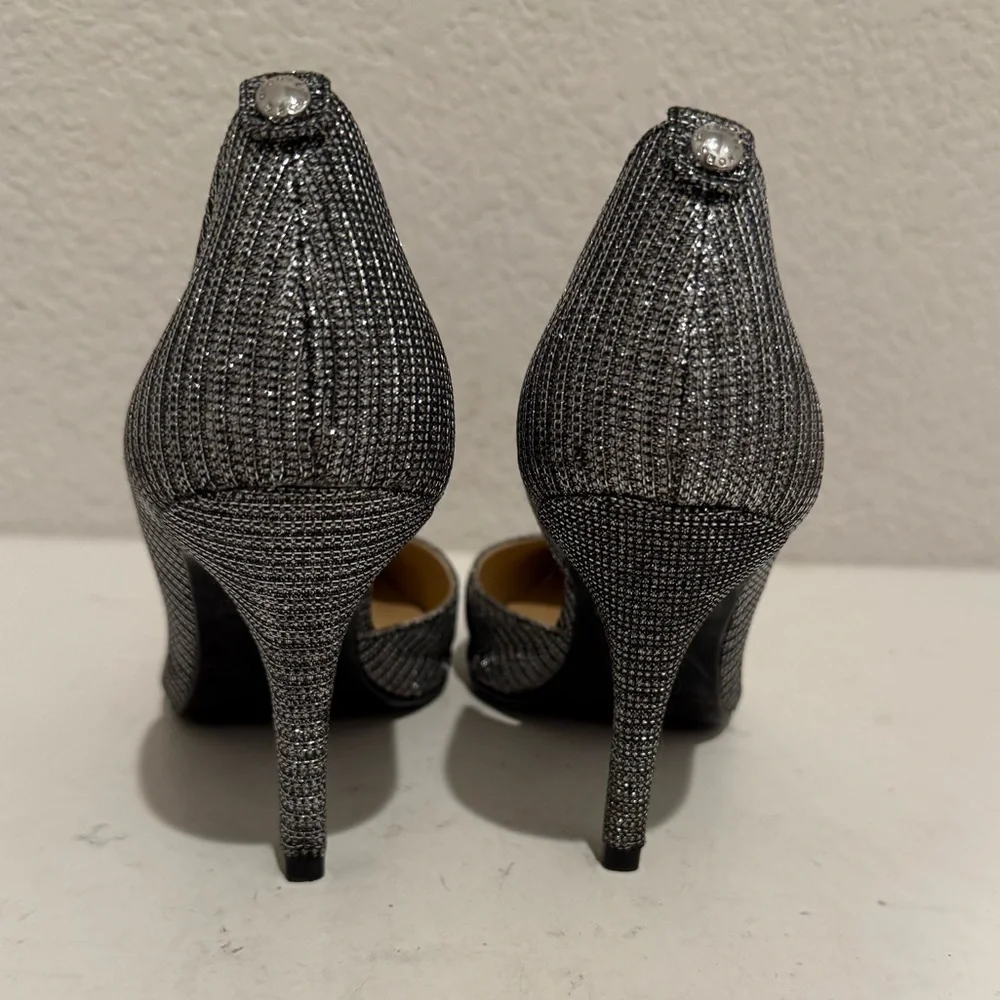 MICHAEL Michael Kors Nathalie Flex High D’Orsay Pump Heels Silver Chain Mesh 7